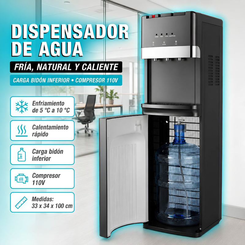 Dispensador de Agua Fría, natural y Caliente con Carga Bidón Inferior y Compresor 110V. Enfriamiento de 5°C a 10°C y Calentamiento Rápido 550W.