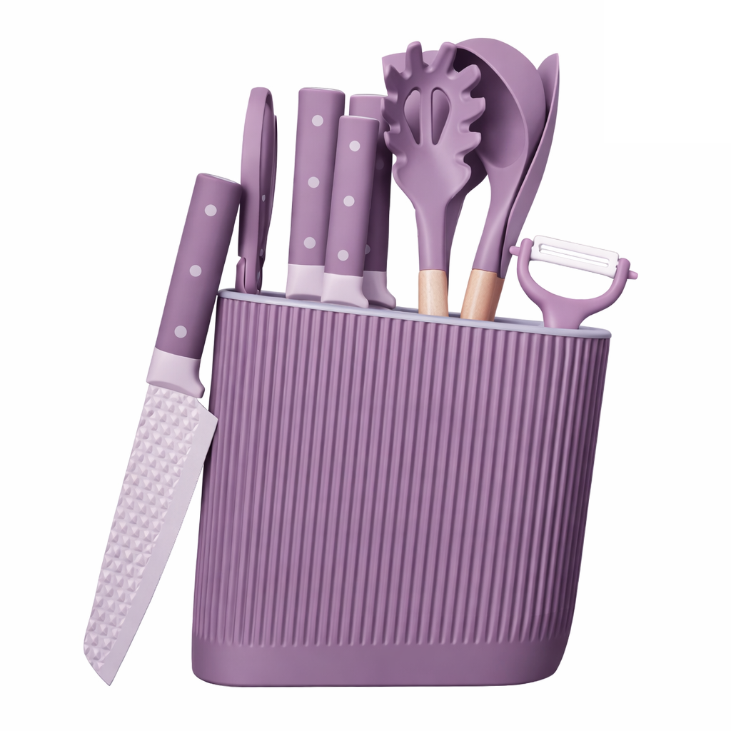 Utensilios de Cocina y cuchillos Color Morado Set de 11 Piezas con Soporte. Diseño Texturizado Antiadherente.