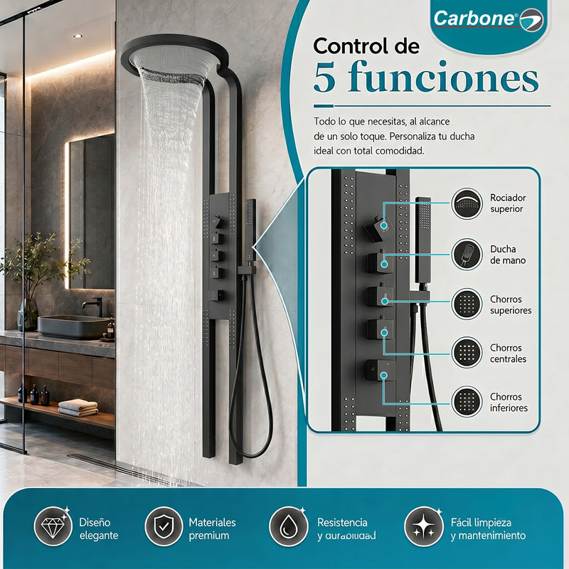 Ducha Circular Cascada con Panel Hidromasaje (55cm). Regadera Para Baño Multifuncional con Rociador Superior y Ducha Presurizada en Acero Inoxidable. Negra