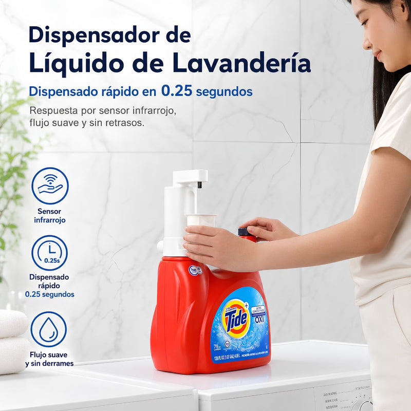 Dispensador Automático de Detergente Líquido y suavizante con Sensor Inteligente. Dosificador eléctrico para lavandería. Color blanco.