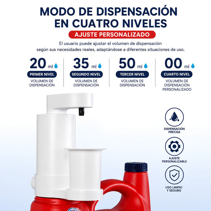 Dispensador Automático de Detergente Líquido y suavizante con Sensor Inteligente. Dosificador eléctrico para lavandería. Color blanco.
