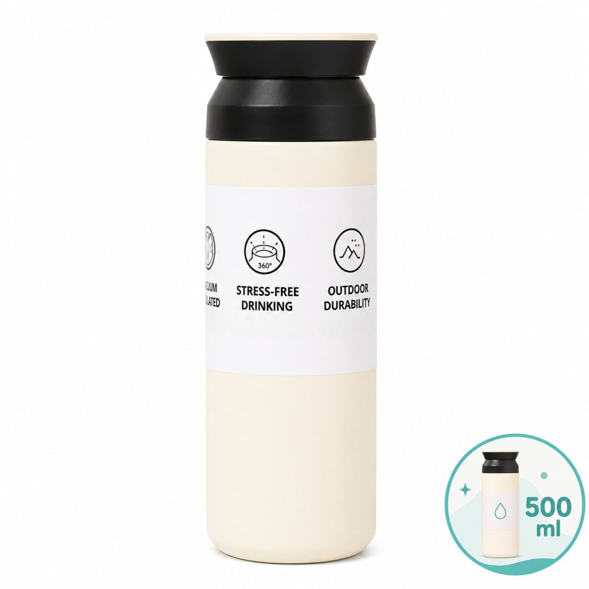 Botella Térmica para Bebidas Calientes y Frías en Acero Inoxidable 304. Taza Portátil Antifugas para Auto y Viaje con Doble Pared Aislada. 500ml Color Blanco