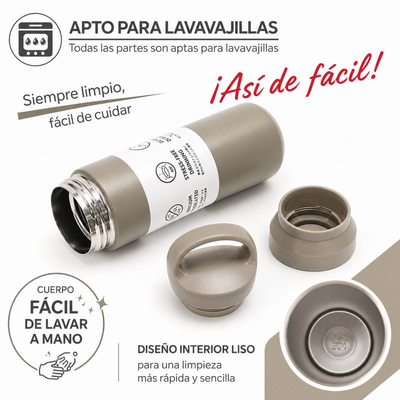 Botella Térmica de Acero Inoxidable 304 con Asa. Vaso Aislado al Vacío Antifugas, con Doble Pared, Portátil para Bebidas Calientes y Frías. Color Khaki. 350ml