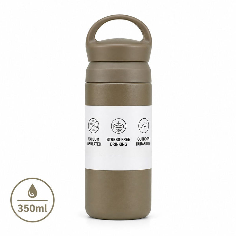 Botella Térmica de Acero Inoxidable 304 con Asa. Vaso Aislado al Vacío Antifugas, con Doble Pared, Portátil para Bebidas Calientes y Frías. Color Khaki. 350ml