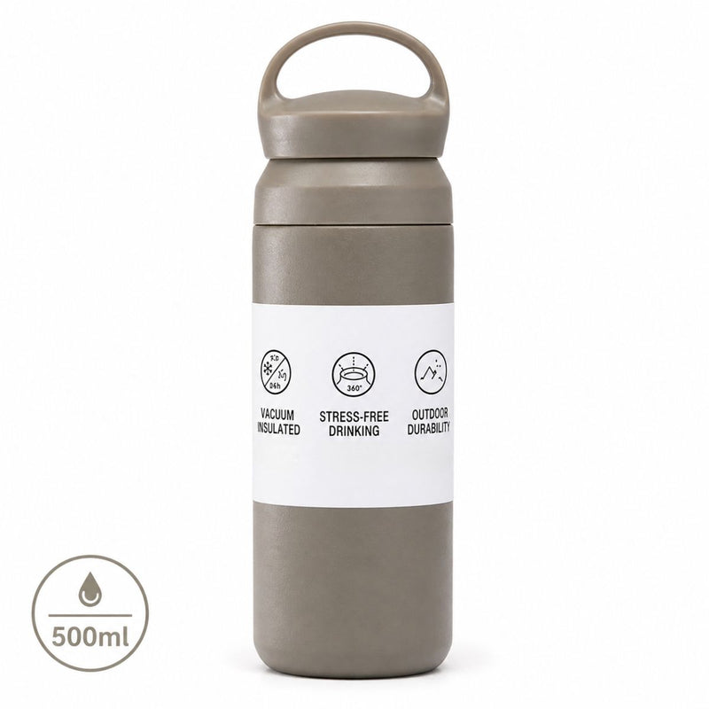 Botella Térmica de Acero Inoxidable 304 con Asa. Vaso Aislado al Vacío Antifugas, con Doble Pared, Portátil para Bebidas Calientes y Frías. Color Khaki. 500ml