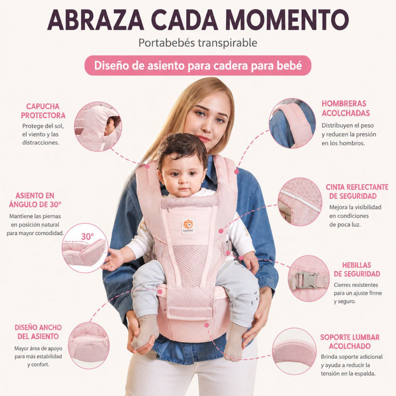 Canguro Porta Bebé Ergonómico con Asiento de Cadera Transpirable 6 Posiciones. Mochila Portabebé Ajustable 5.5-20.4kg. Color Rosa