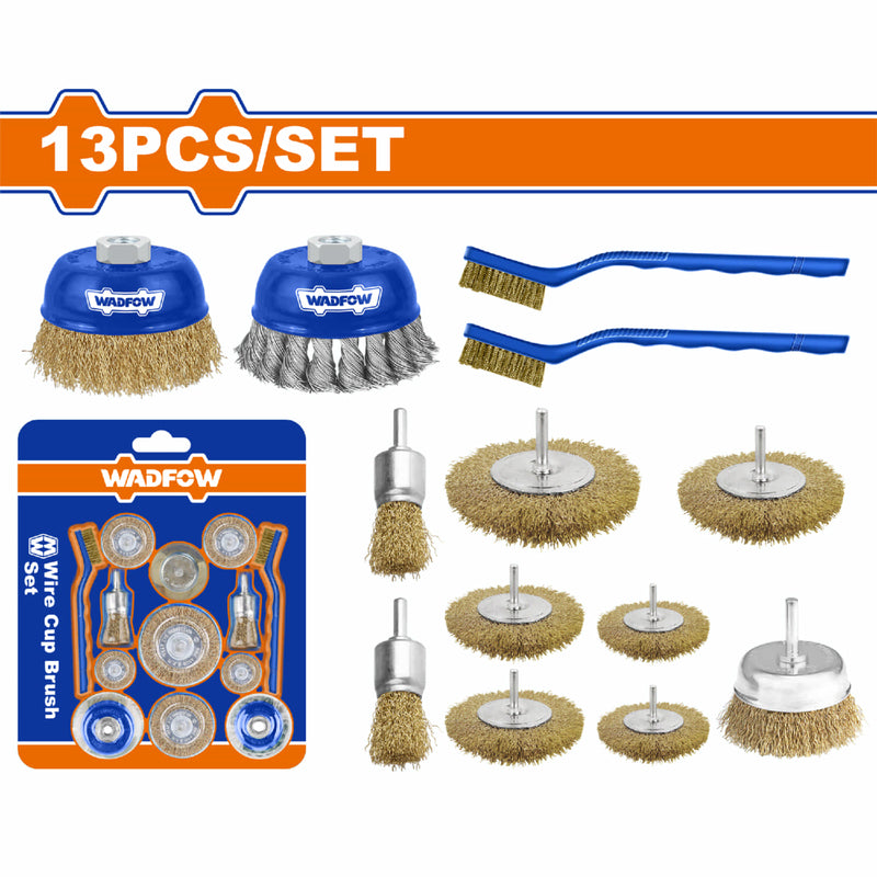 Cepillos de Alambre con Copas Twist y Curvas, Cepillos Circulares y Manuales, Vástago 1/4'' Set 13 pzas.