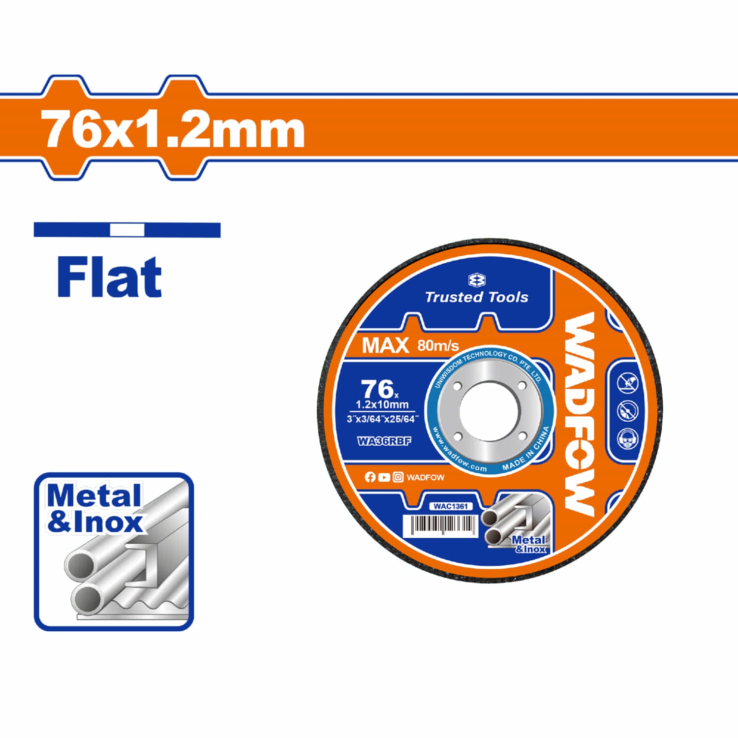 Disco Corte de Metal y Acero Inoxidable 76 mm (3") x 1,2 mm (3/64") x 10 mm (25/64") Centro Plano.