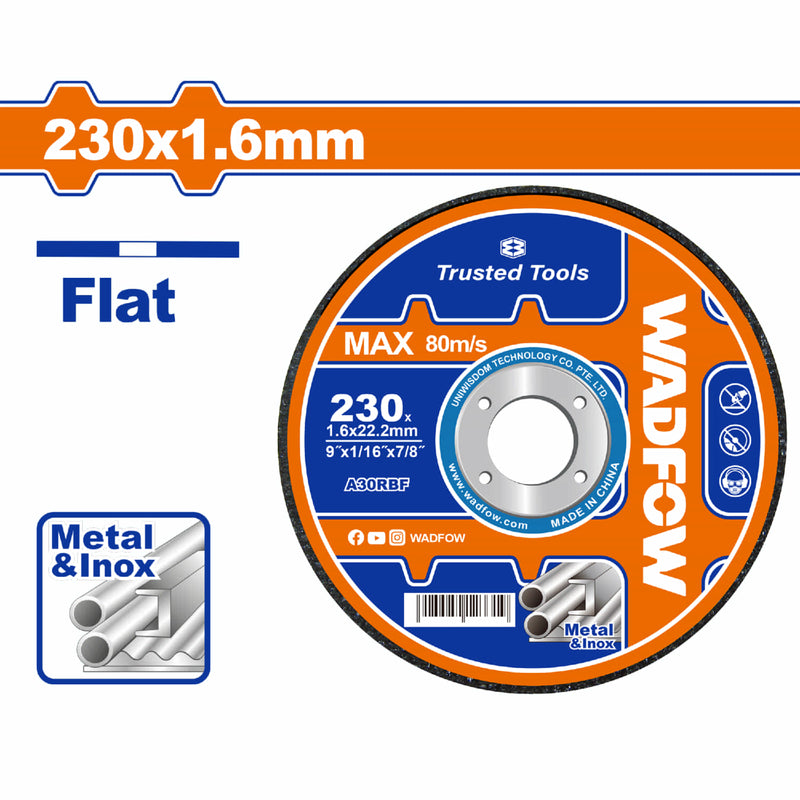 Disco Corte de Metal y Acero Inoxidable 230mm(9")x1.6mm(1/16")x22.2mm(7/8") Centro Plano. RPM:6650r/min