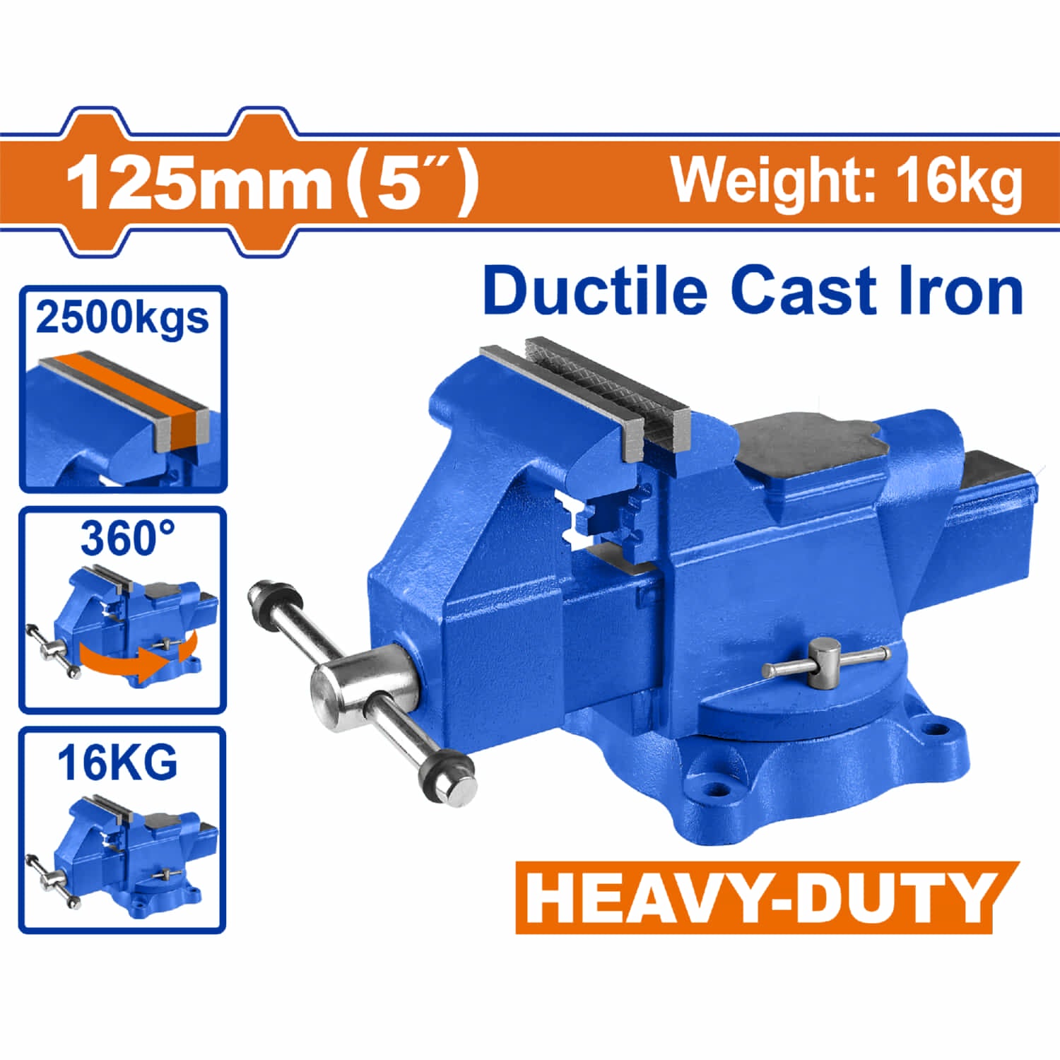 Prensa de Banco de 5" (125mm) Base giratoria 360º. Con Yunque Peso 16Kg Fuerza Max 2500 Kg. Hierro fundido.
