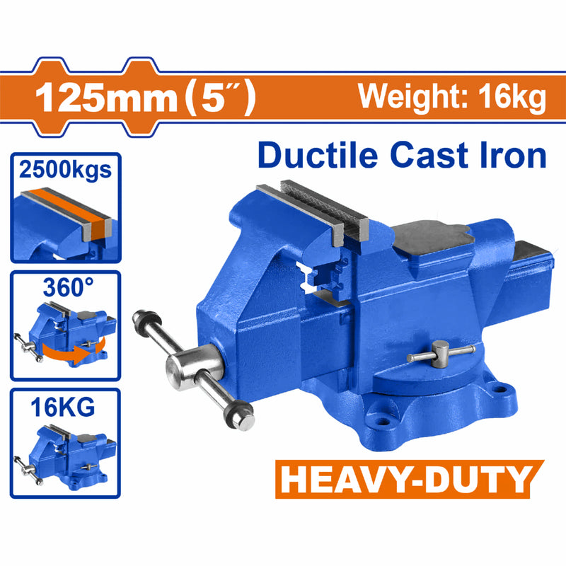 Prensa de Banco de 5" (125mm) Base giratoria 360º. Con Yunque Peso 16Kg Fuerza Max 2500 Kg. Hierro fundido.