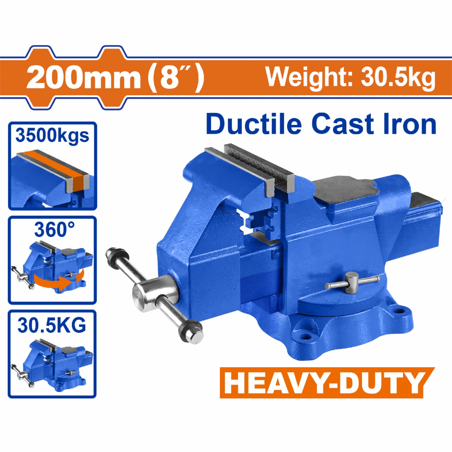 Prensa de Banco de 8" (200mm) Base giratoria 360º. Con Yunque Peso 30.5Kg Fuerza Max 3500Kg. Hierro fundido.