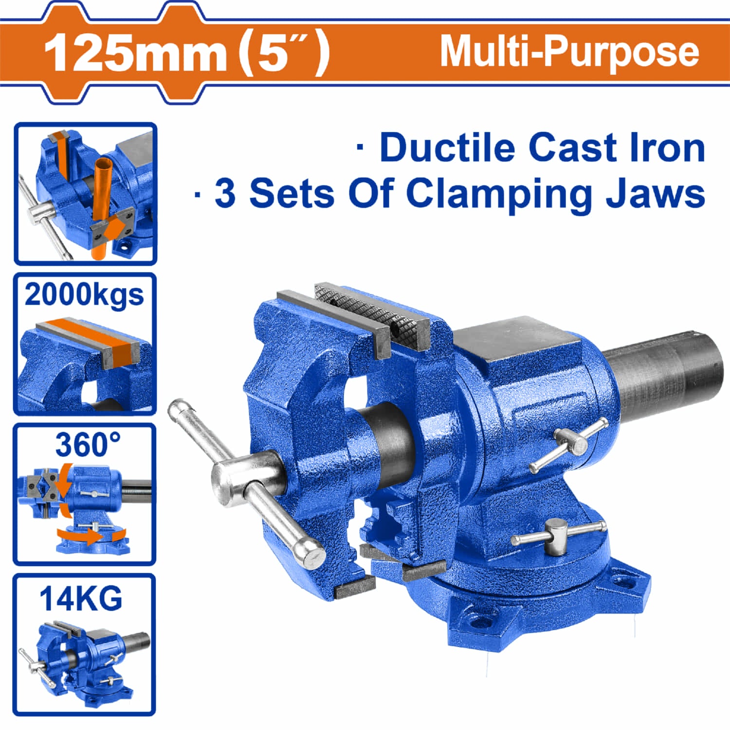 Prensa de Banco Base giratoria 5" (125mm) con Yunque. 14Kg Fuerza: 2000kg Incluye 3 mordazas.