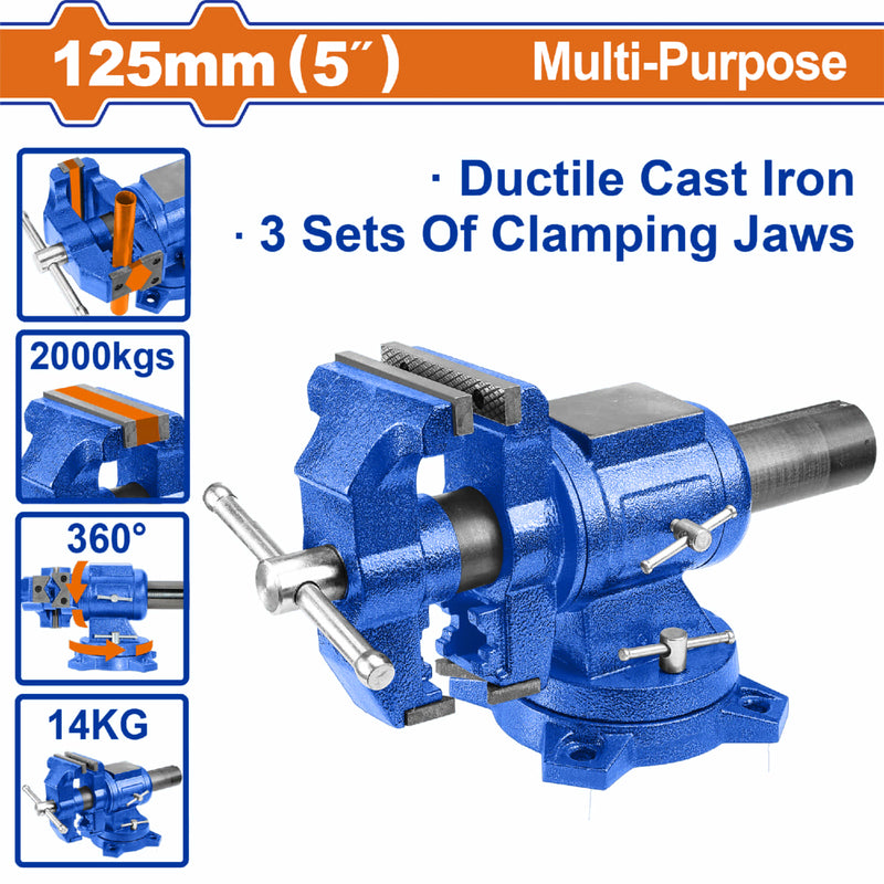 Prensa de Banco Base giratoria 5" (125mm) con Yunque. 14Kg Fuerza: 2000kg Incluye 3 mordazas.