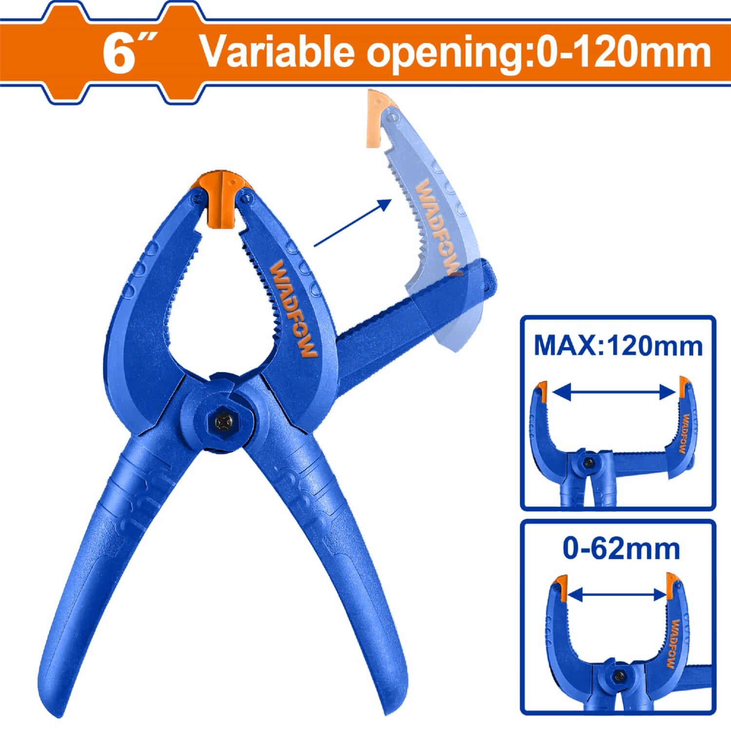 Abrazadera de resorte para sujecion variable 6" Apertura hasta 120mm. Cuerpo de plástico y fibra de vidrio.