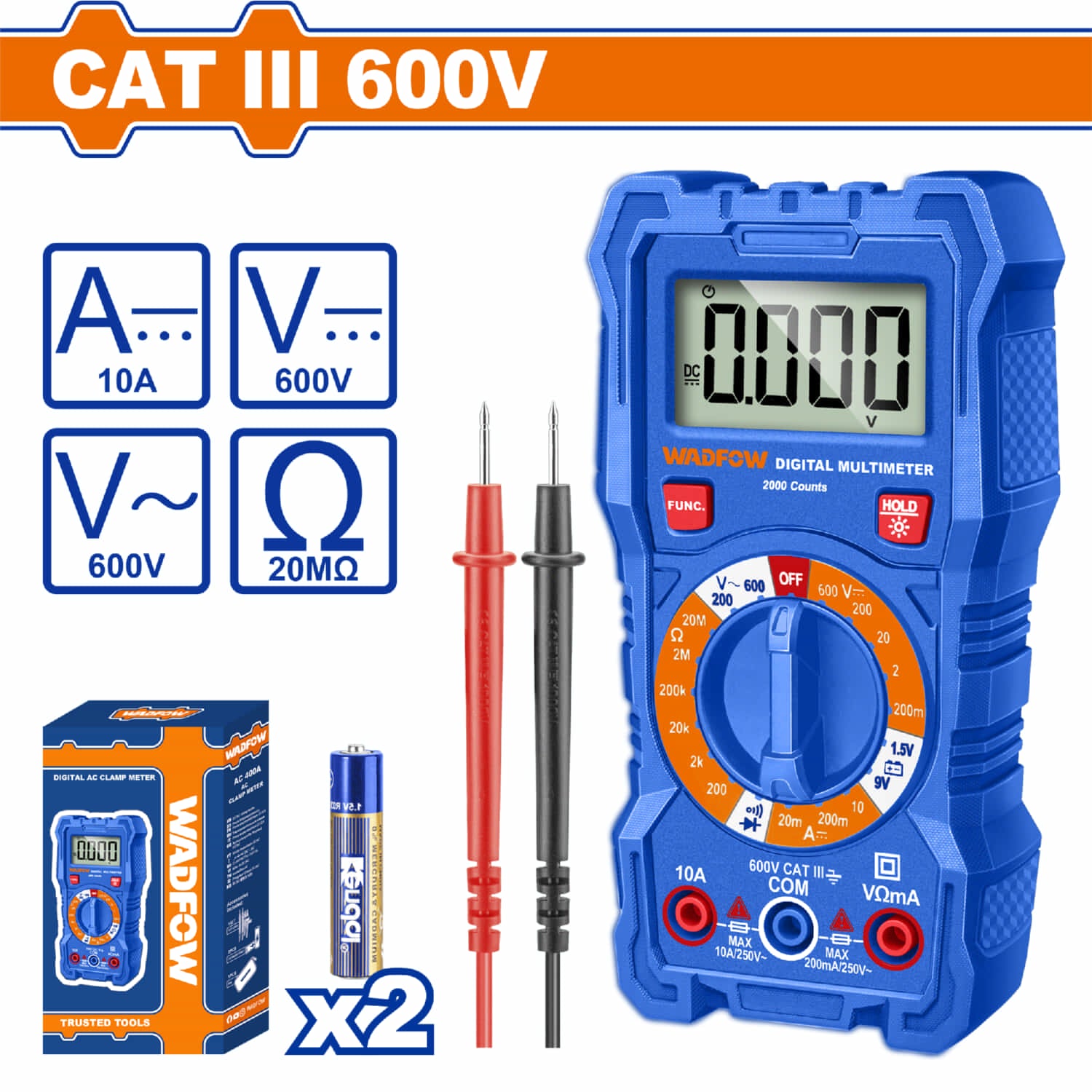 Multímetro Digital 2000 dígitos. CAT III 600V. Incluye 2 baterías AA R03 Apagado automático.