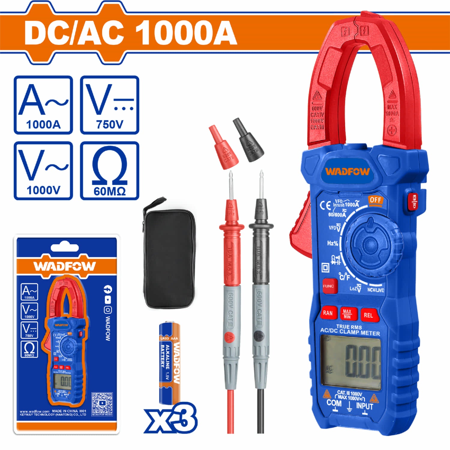 Medidor de abrazadera. Pinza amperimétrica DC/AC 1000A 6000 Dígitos. Baterías 3 AAA. Medidor de Voltaje.