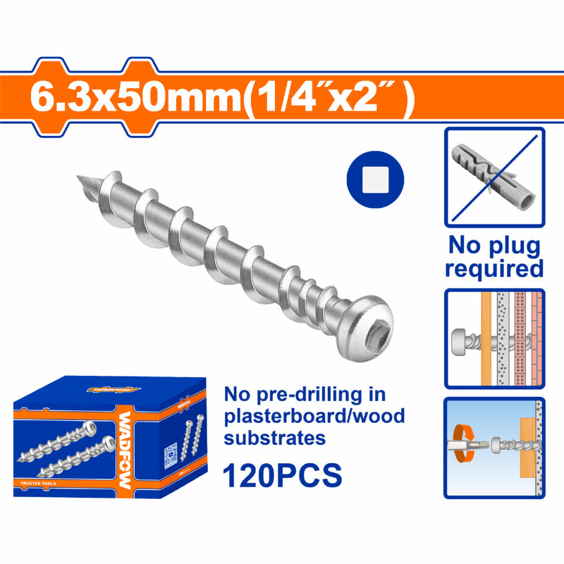 Anclaje de Tornillo para Pared Cabeza Plana 6.3x50mm (1/4"x2") (Caja 120 pzas)