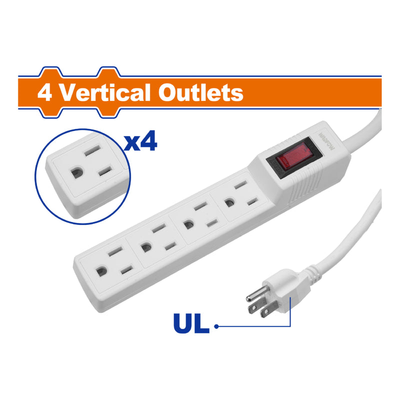Regleta Eléctrica de 4 tomacorrientes. 6FT. 15A 125V-60Hz 1875W CableAWG 1.83m. Retardante al calor.
