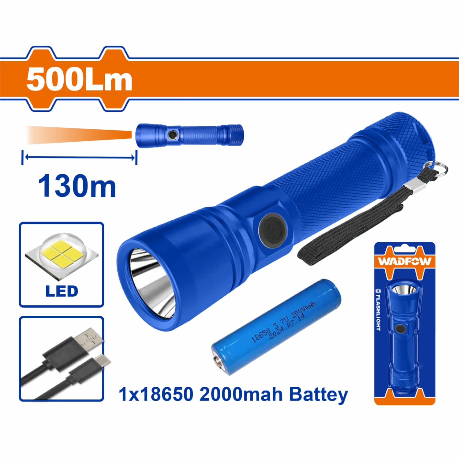 Linterna Recargable LED 500lm 130m con Batería 18650 2000mAh 3 Modos IP44 USB Tipo-C Compacta