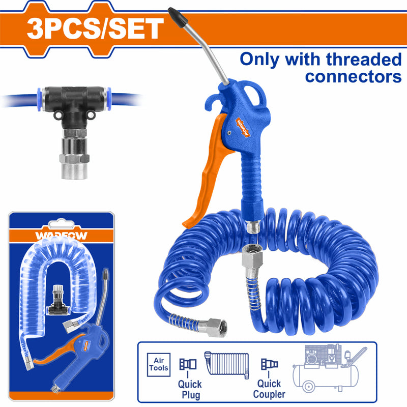 Pistola de Aire Comprimido 4.2m Diámetro 8mm Boquilla 110mm Conector T 8mm. Ideal conectores roscados. Set 3 pzas.