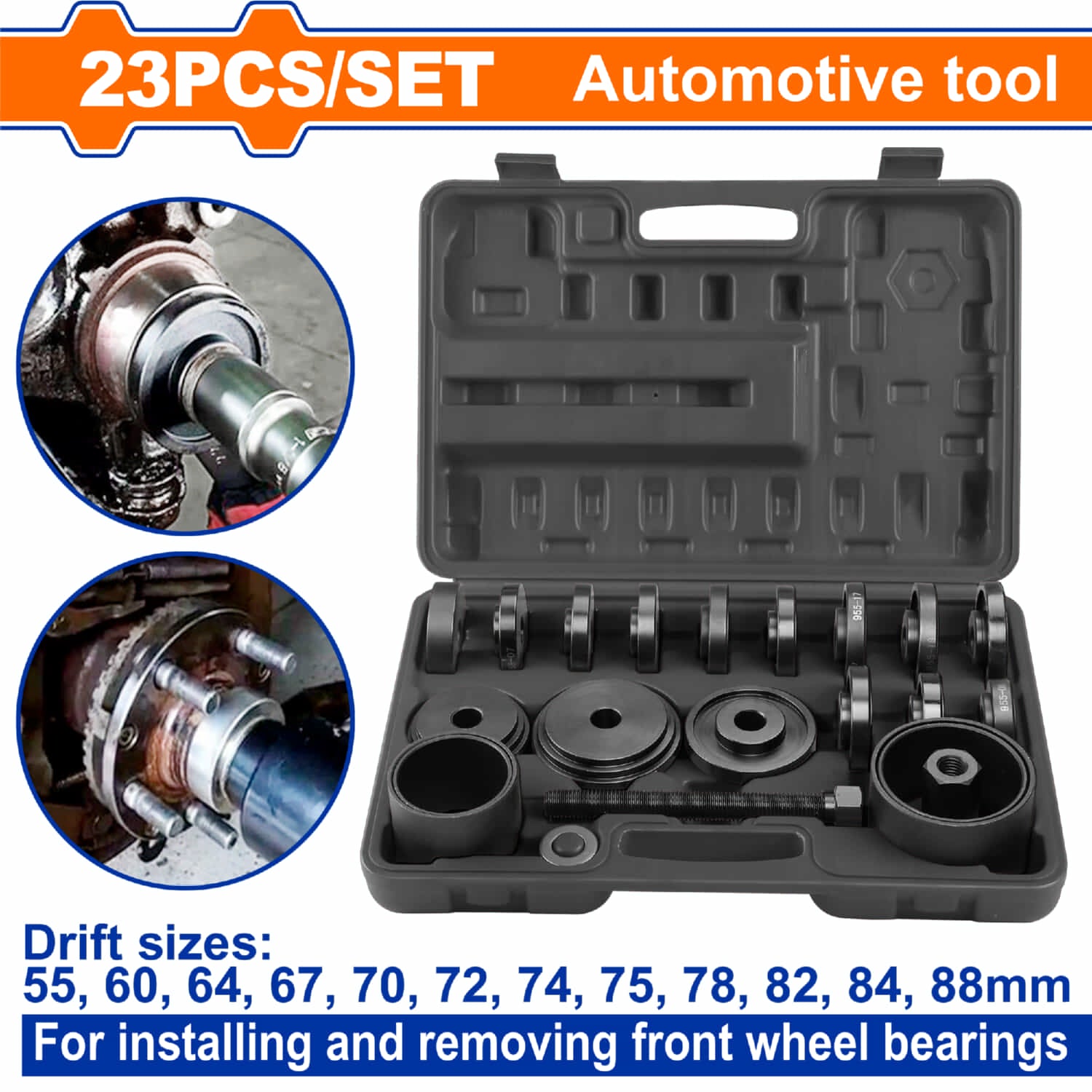 Herramientas Instalación y Extracción de Balineras Rueda Delantera 55mm-88mm. Acero al carbono. Set de 23 pzas.