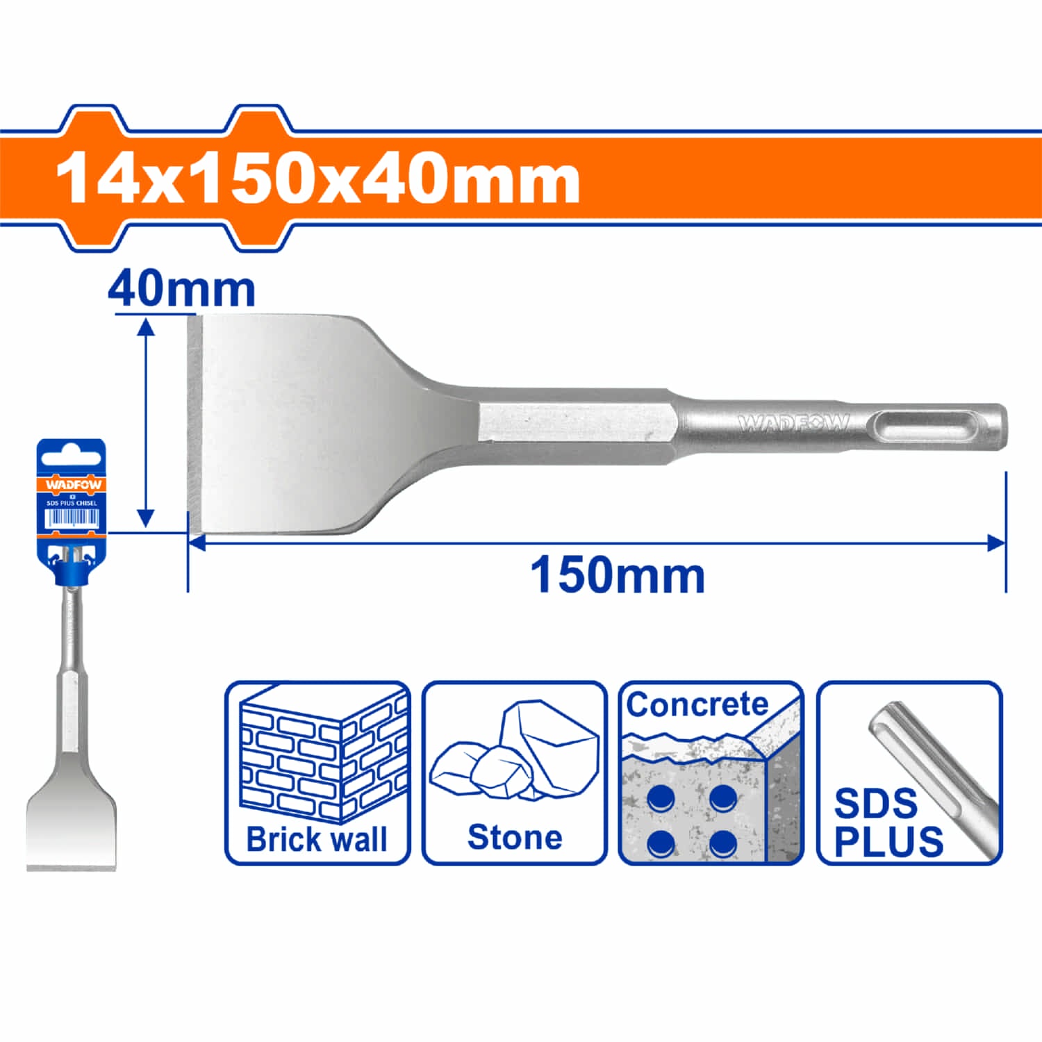 Cincel SDS Plus Punta Plana 14x150x40mm para Concreto, Ladrillo y Cemento.