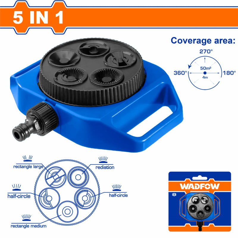 Aspersor 5 en 1 Giratorio con conector 3/4" ABS para mangueras de agua en patio o jardin. Rociador de Jardín.