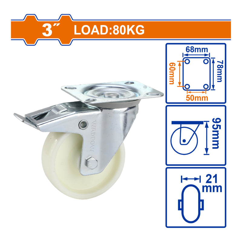 Rueda Giratoria 3" De PP Con Freno Y Placa Galvanizada. Carga 80 kg