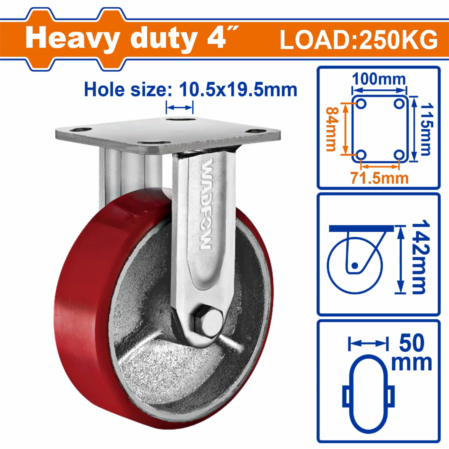 Rueda rígida 4" Serie trabajo pesado Carga 250Kg Acero y Plástico rojo. Rodachin