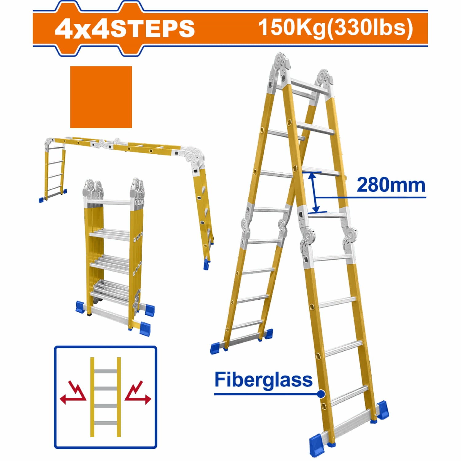 Escalera Multiposición Aislante 4x4 de Fibra de Vidrio  Carga máxima 150Kg (330 lbs) Altura escalón 280mm  Escalera Tijera Andamio Plegable