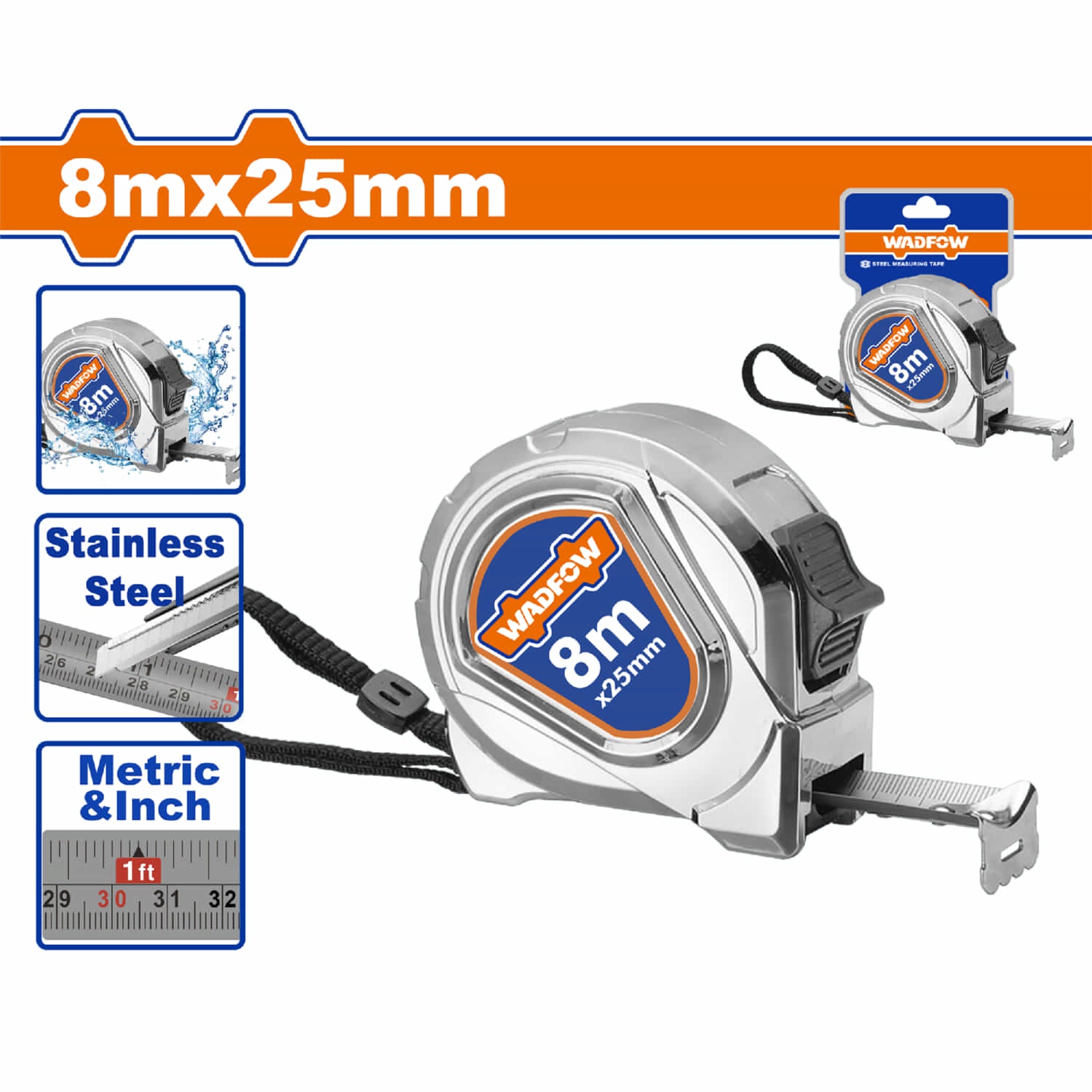 Cinta Métrica de Acero Inoxidable 8mx25mm. Metros y Pulgadas. Ideal ambientes húmedos.