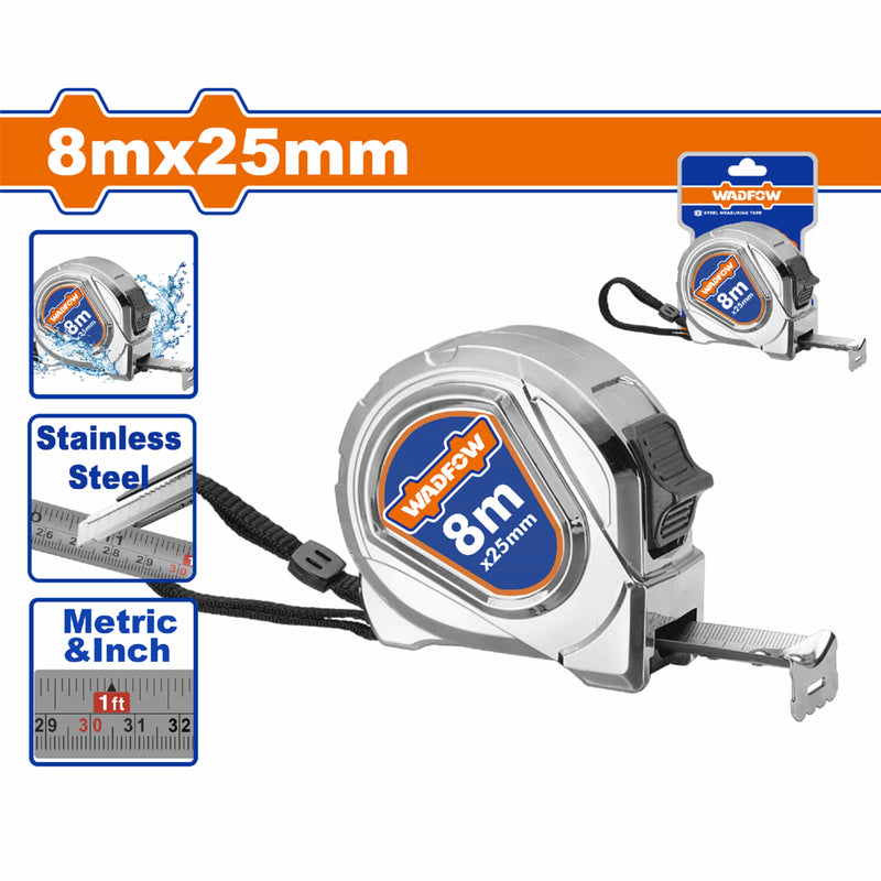 Cinta Métrica de Acero Inoxidable 8mx25mm. Metros y Pulgadas. Ideal ambientes húmedos.