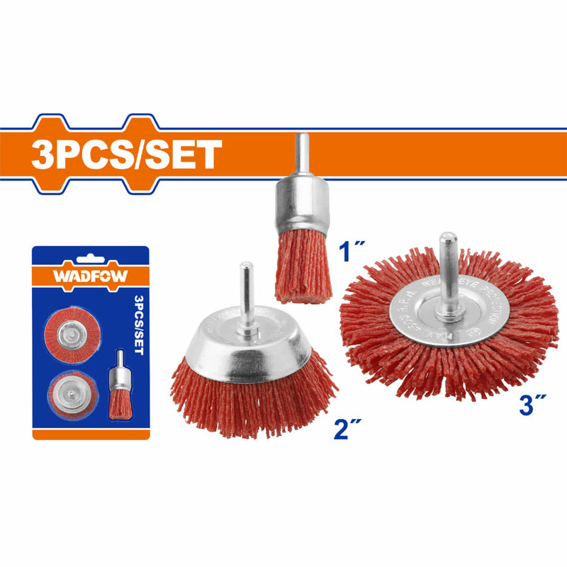 Cepillos de Nylon 25mm, 50mm 75mm con Vástago 1/4'' para Desbaste Limpieza y Remocion de Pintura. Set 3 pzas.