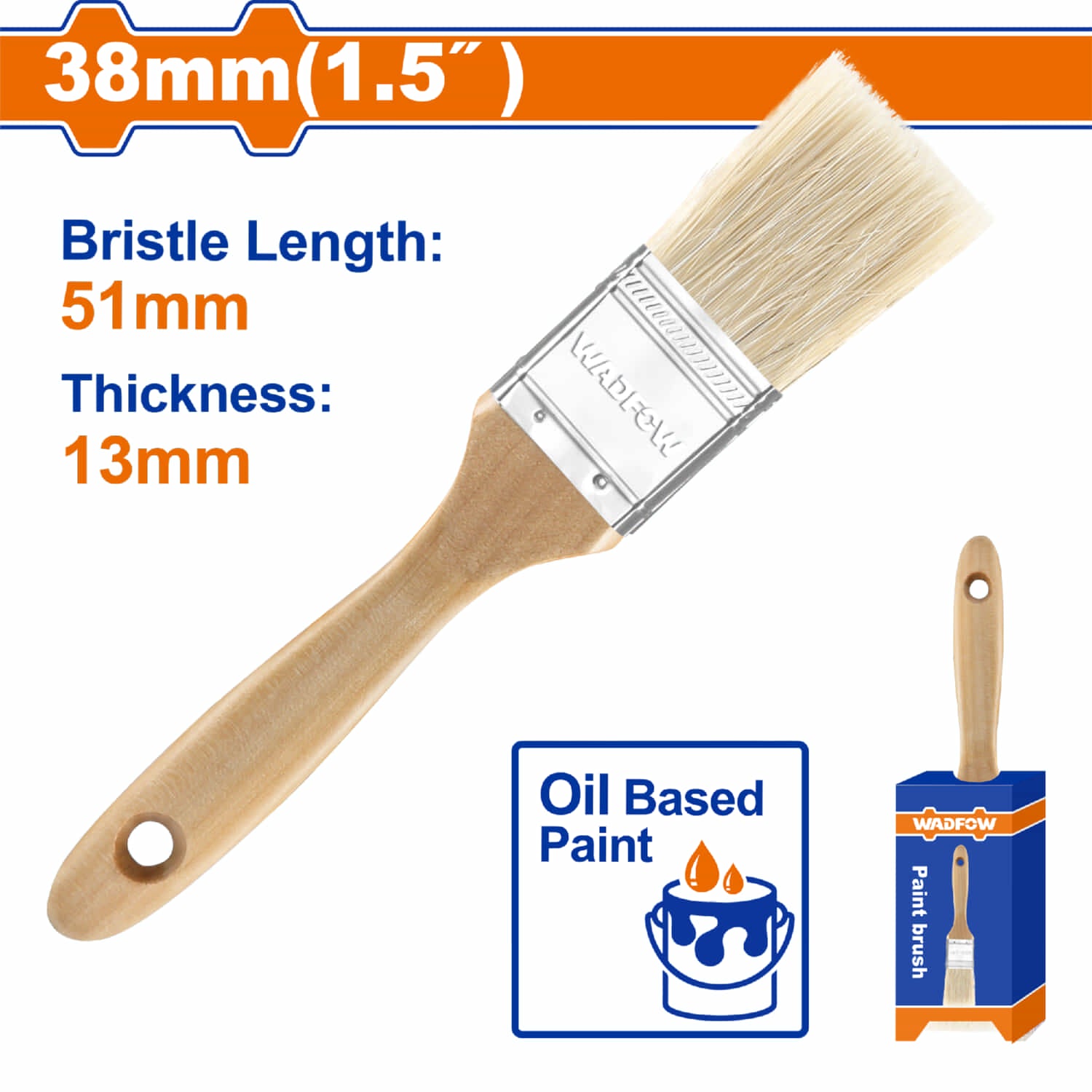 Pincel para pintura al óleo 1.5" (38mm) Long 51mm, Grosor 13mm. Mango de Madera. Brocha