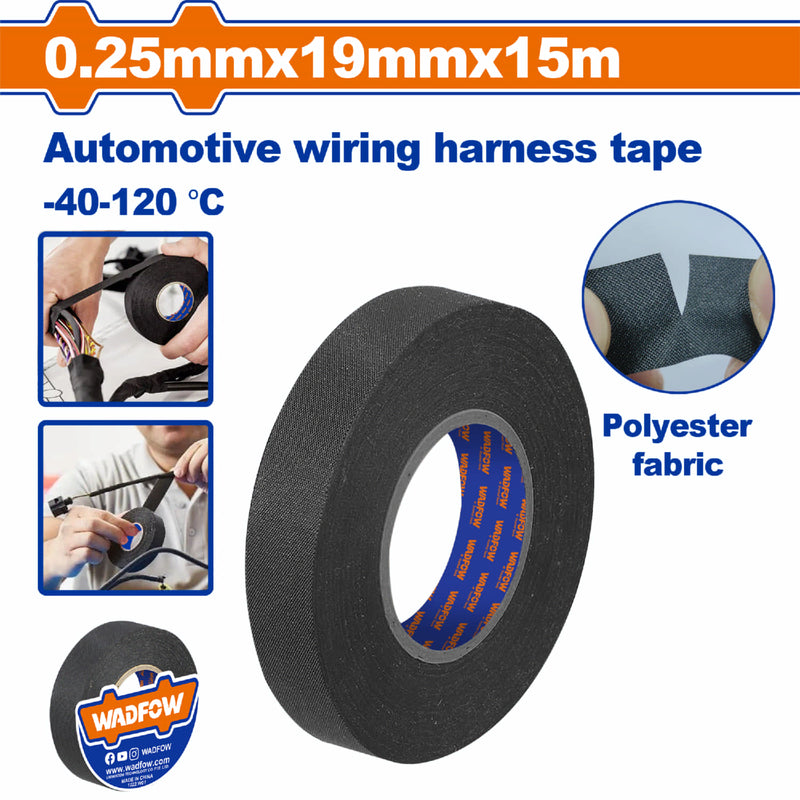Cinta adhesiva de tela para cables y arneses eléctricos.  Temperatura -40-120°C. Negro 19mm x 15mts. Gutapercha