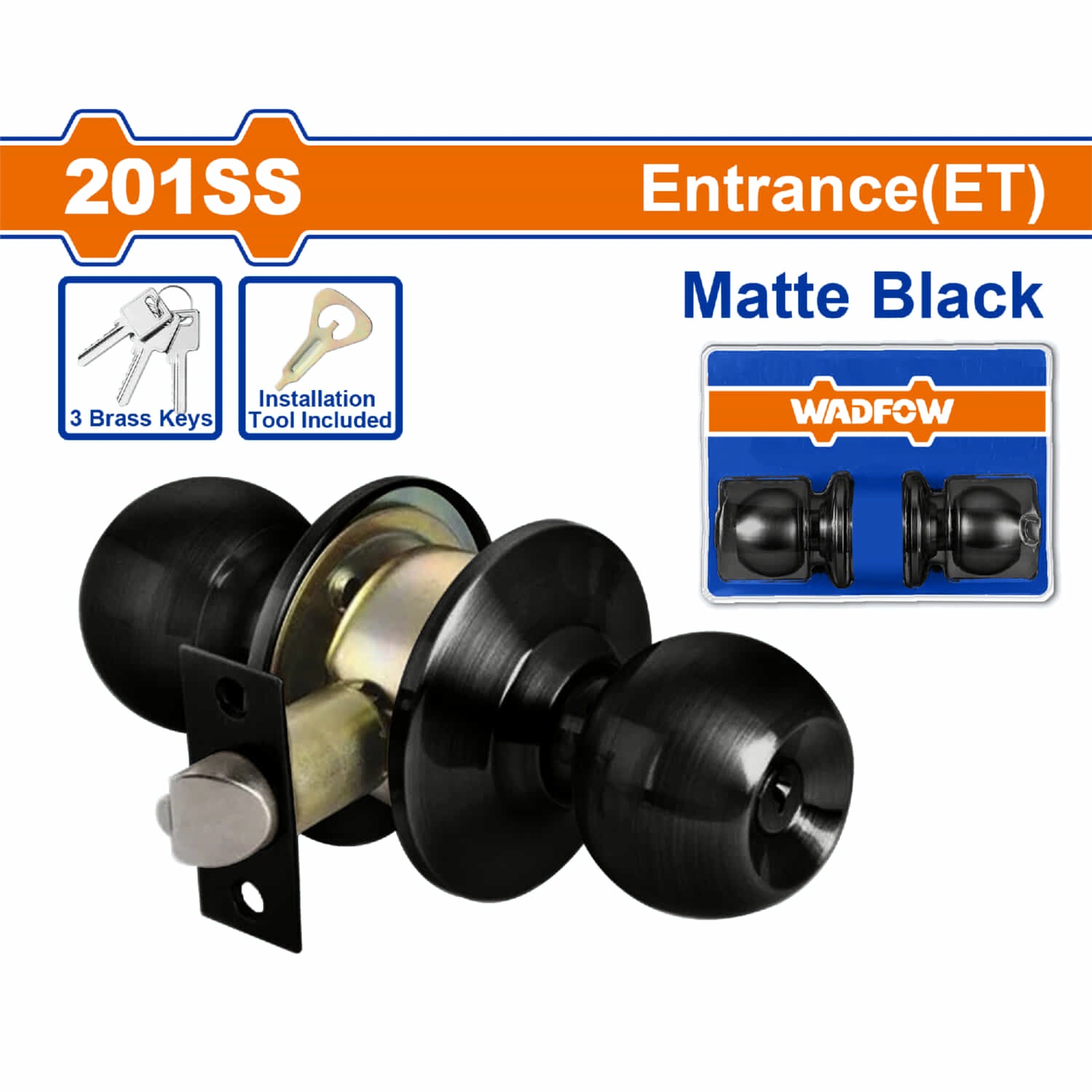 Cerradura cilíndrica pomo de puerta entrada (ET) llave 65mm acero inoxidable negro. Pomo cilíndrico. 3 llaves.