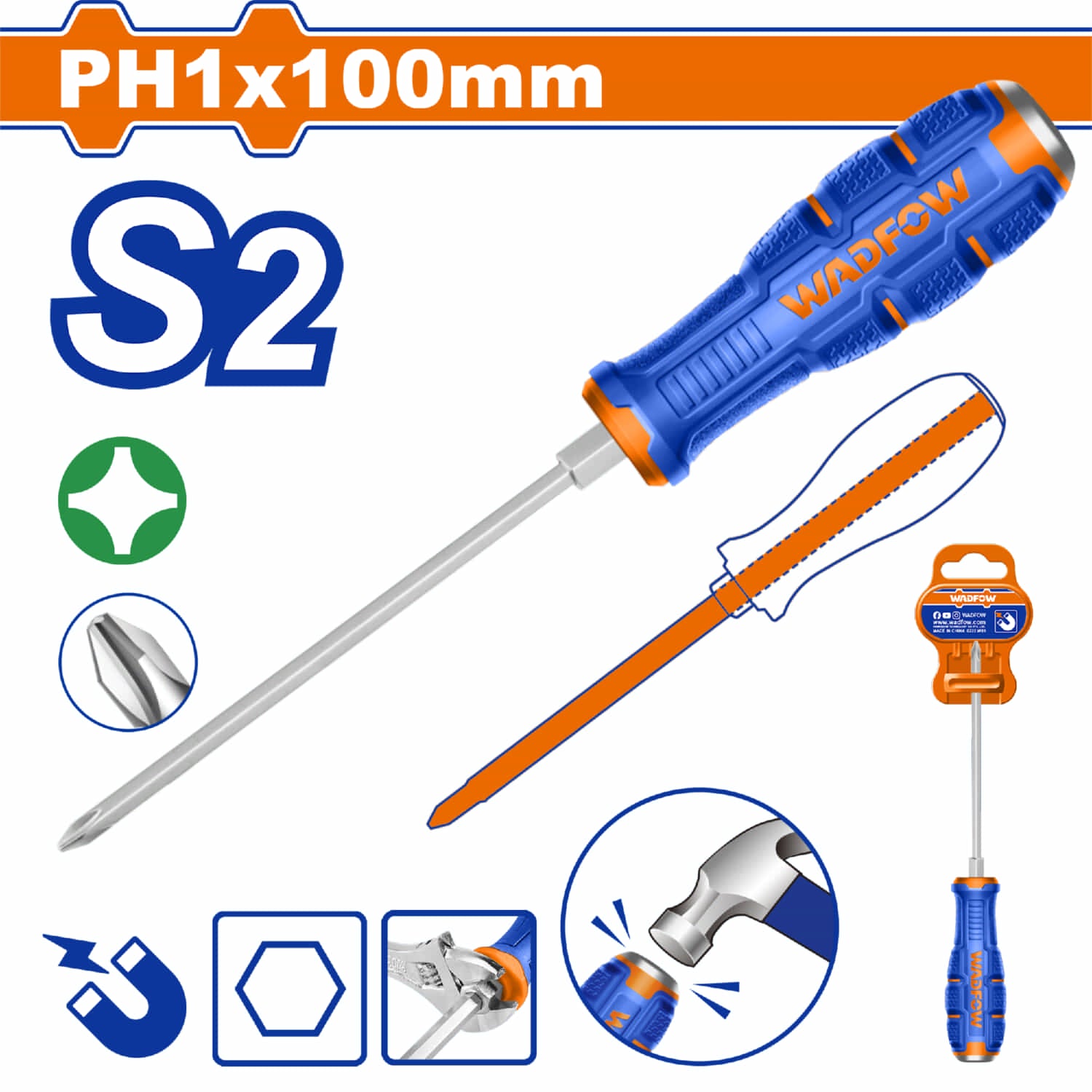 Destornillador Pasante Phillips 5x100mm Material de la hoja: S2 Tipo de punta: Phillips PH1 Magnético.