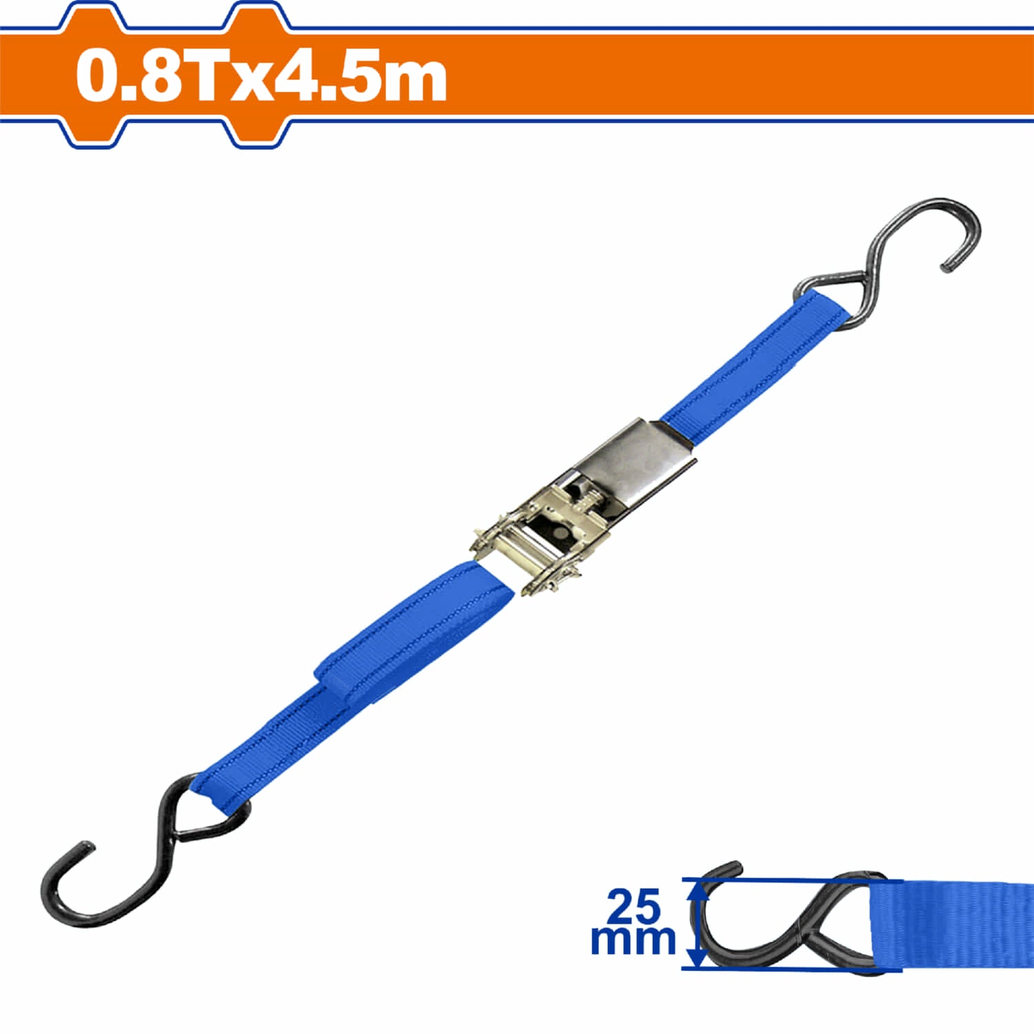 Sujetador tipo matraca 4.5m x 25mm. 0.8T Incluye Trinquete y gancho en S. Correa de Amarre