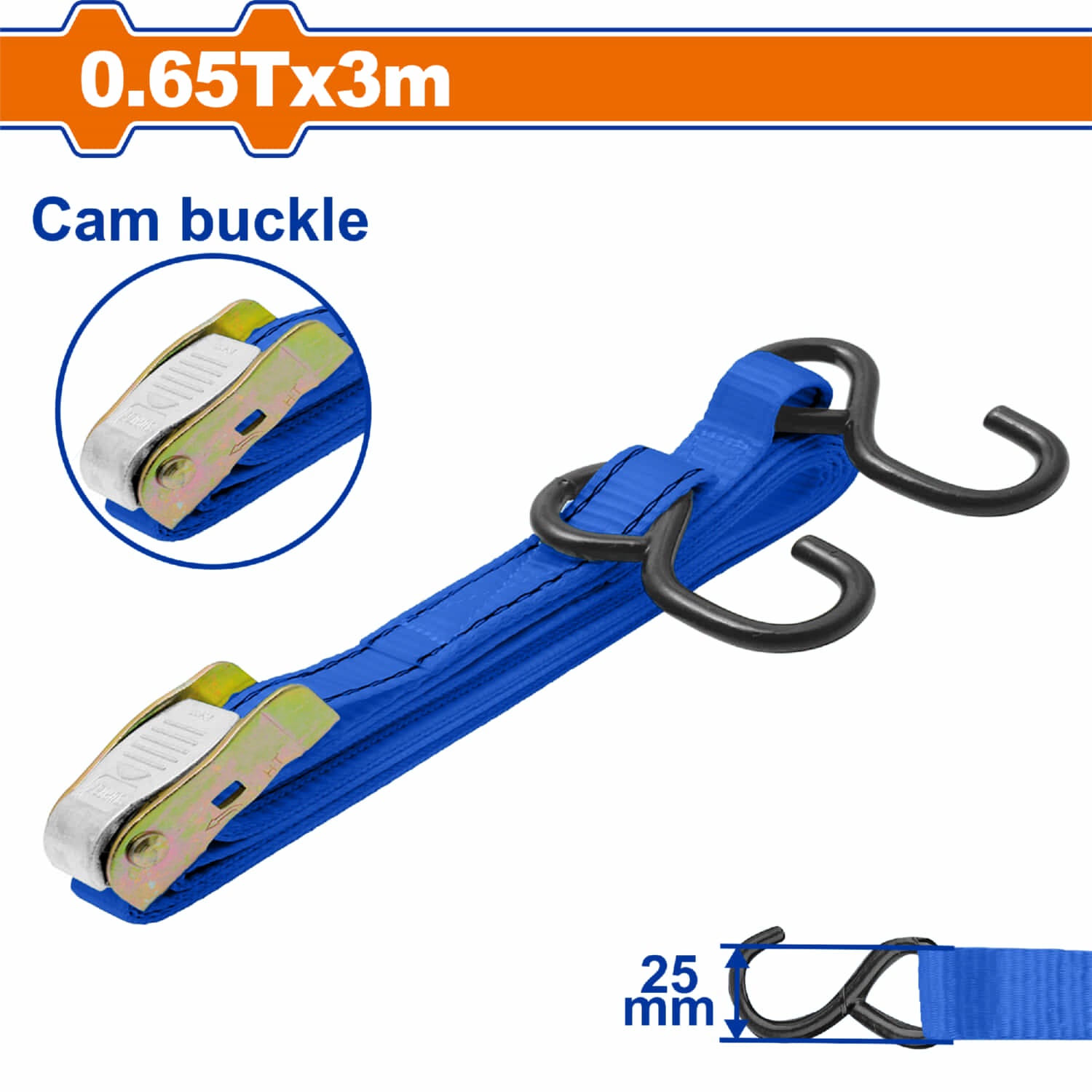 Sujetador tipo hebilla 3m x 25mm. 0.65T Incluye hebilla y gancho en S. Ratchet correa para carga.