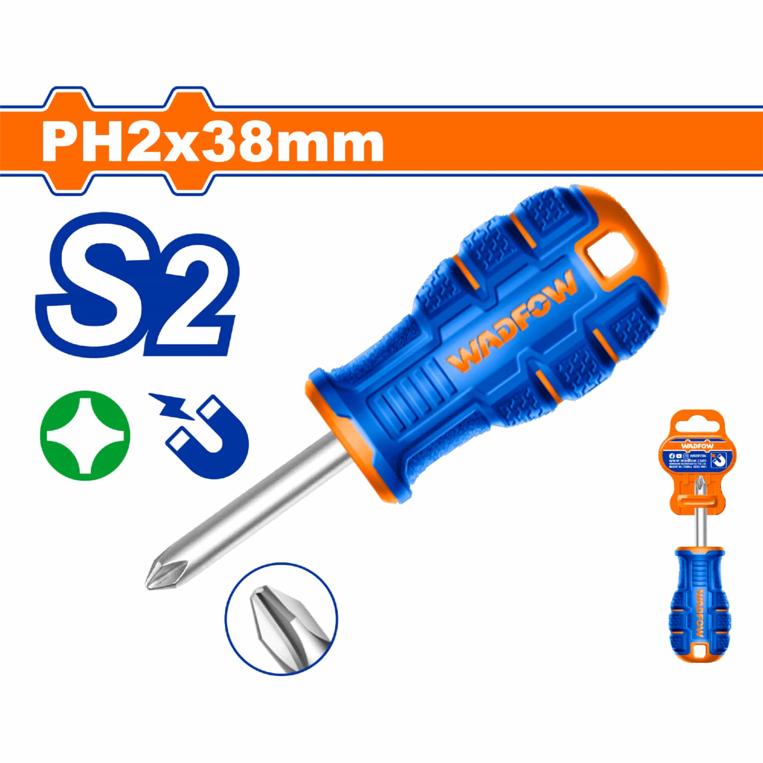Destornillador corto Phillips PH2 Diámetro: 6mm. Largo:38mm. Punta magnetizada.