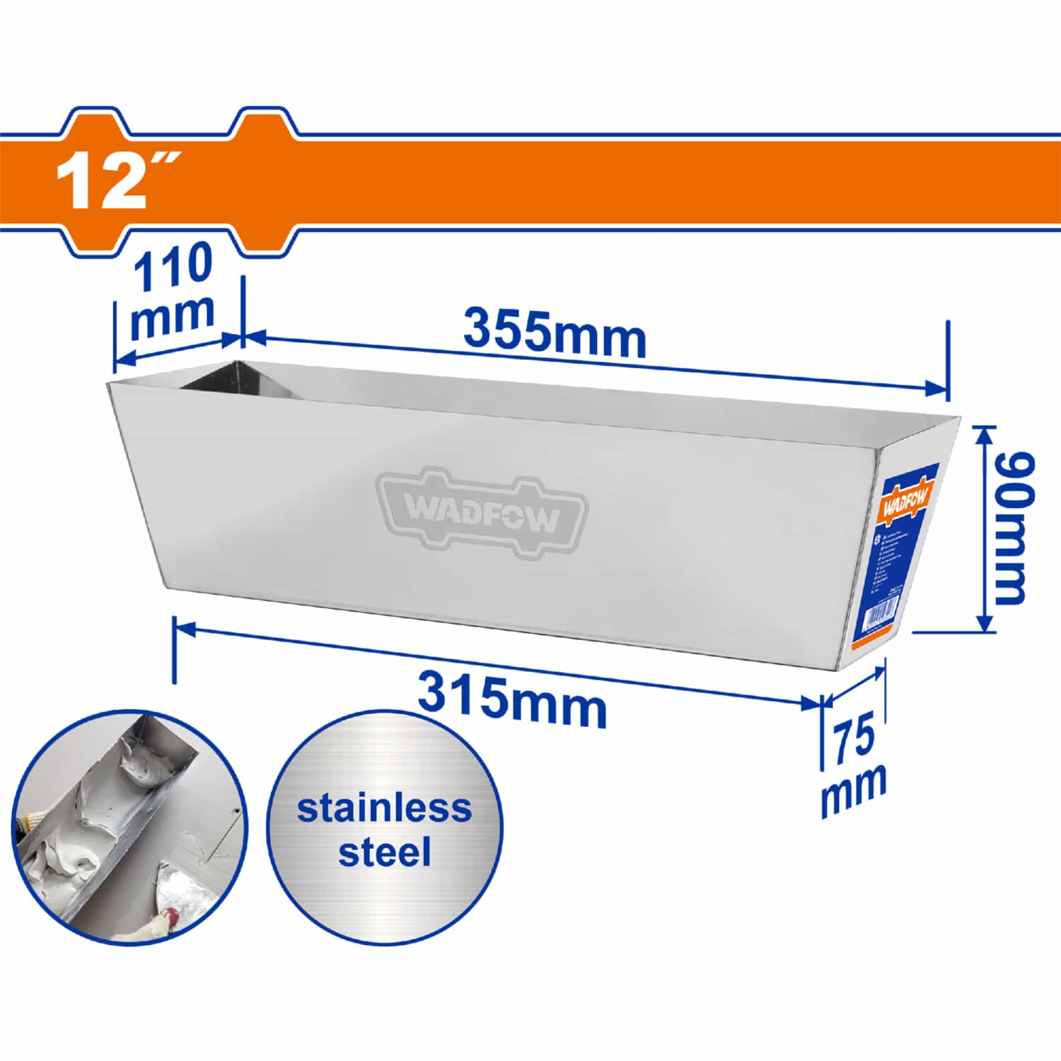 Bandeja de Acero Inoxidable para Yeso 12" (30cm) Base 315x75mm Grosor 0.8mm Mezcladora