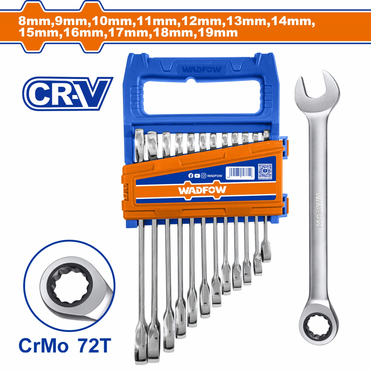 Llaves Inglesas Ratchet 8-19mm. Acabado pulido. Cr-V Set 12 pzas.