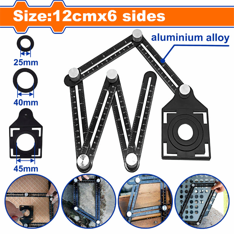 Regla Angular Multifuncional 6 Lados Aluminio Ajustable 12cm con Plantilla de Medicion Agujeros 25-40-45mm