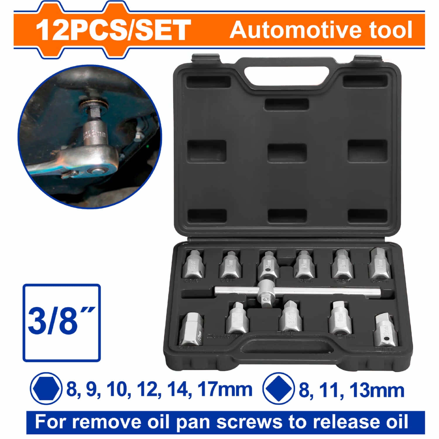 Tapones de Drenaje de Aceite Hex 3/8-17mm y Cuadrados 3/8-13mm Barra Deslizante Acero al Carbono. Set 12 pzas