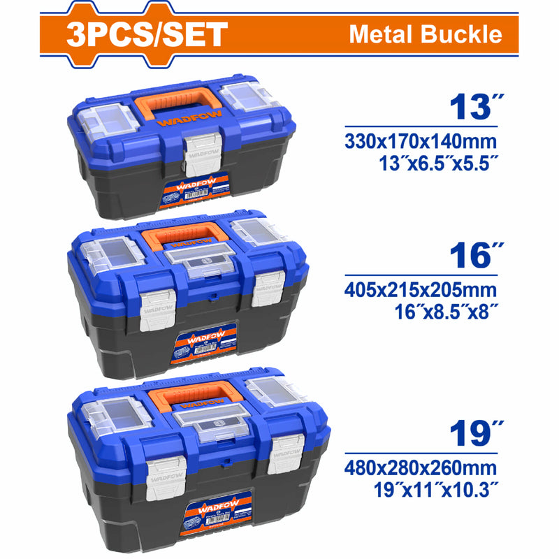 Cajas de Herramientas Plástico Set de 4 (13", 16", 19")con almacenamiento. Cierre metálico. Combo juego