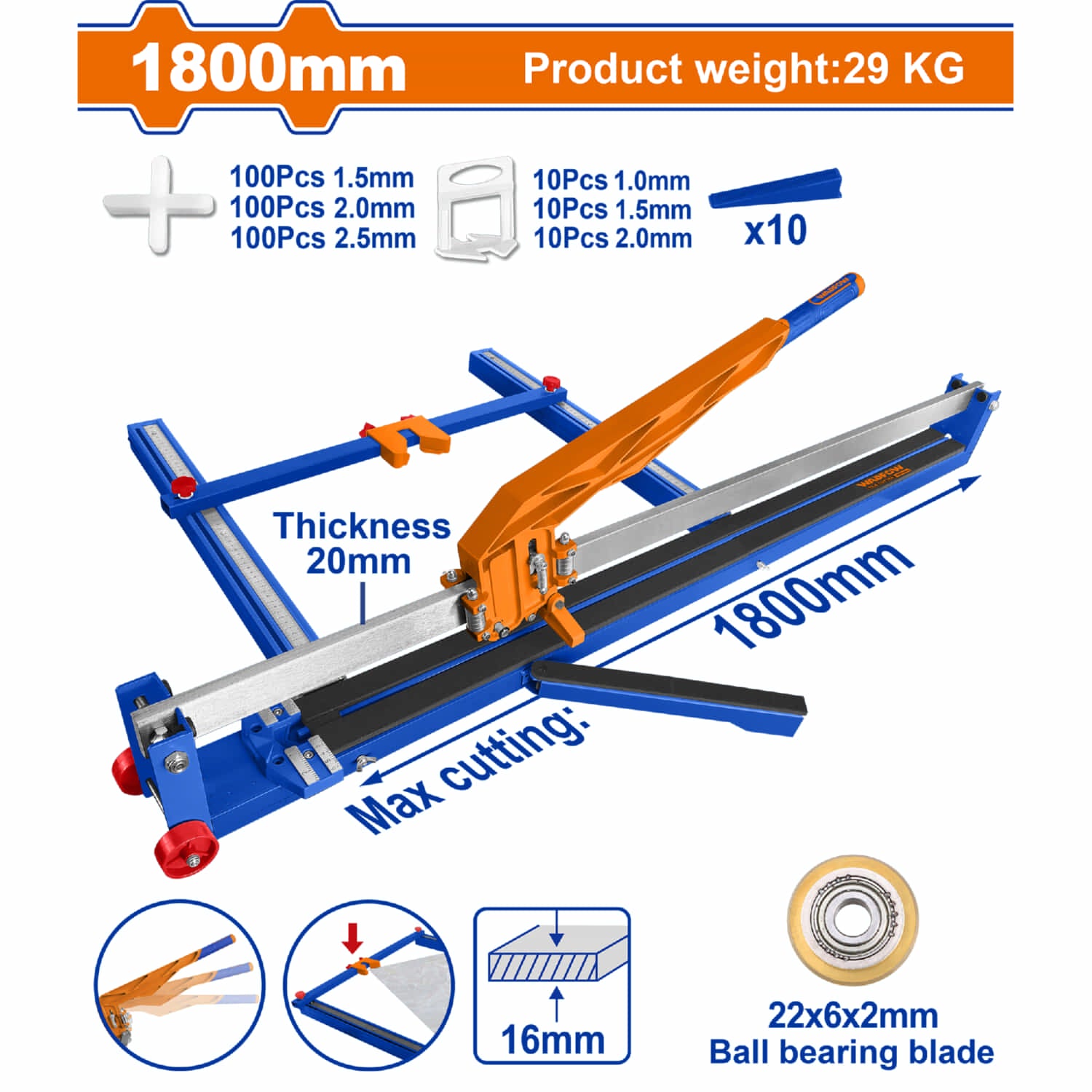 Cortador de Azulejos Baldosas cerámica 1800mm con Rodamiento hasta 16mm Corte a presión baldosas porcelanatos.