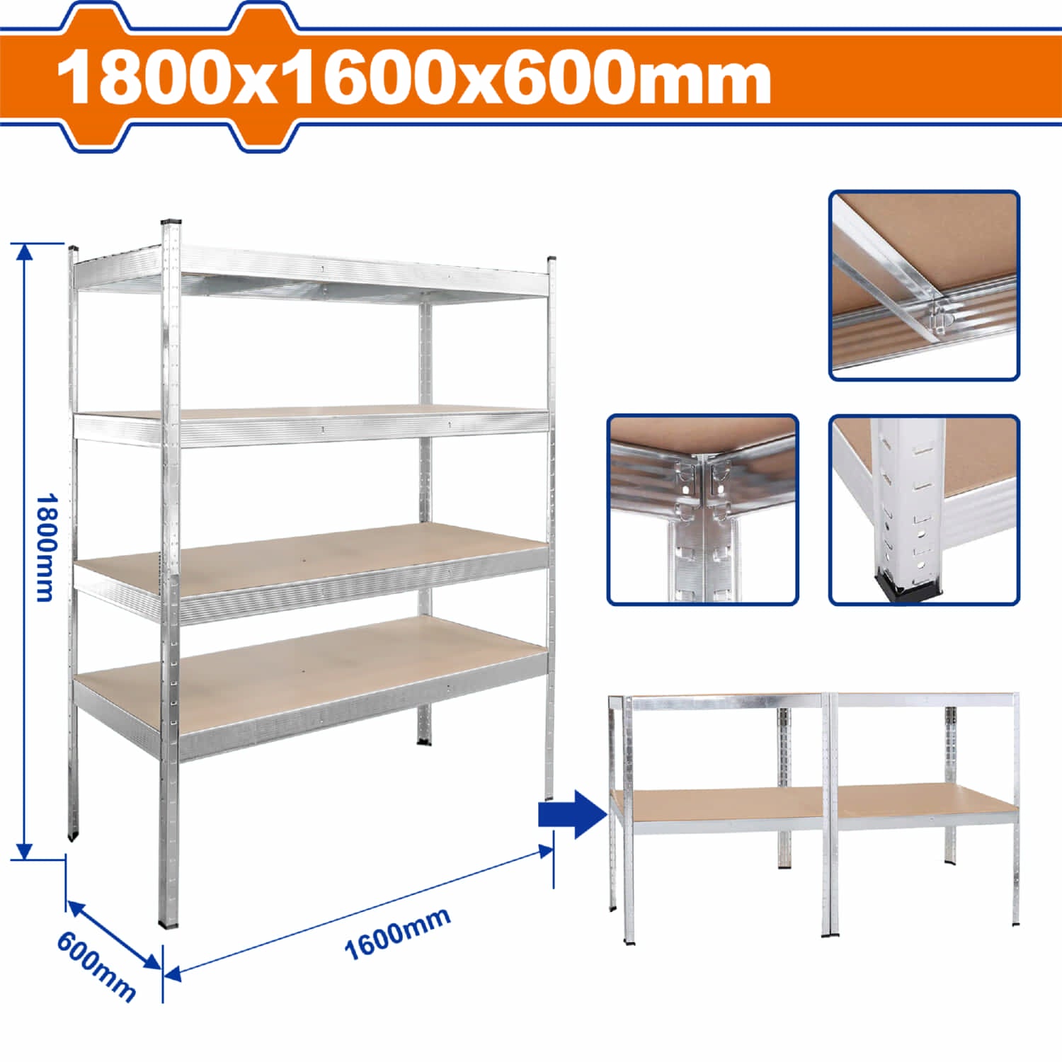 Estante de almacenamiento ajustable 5 niveles. 1600x600x1800mm. Carga:500Kg. Acero MDF. estanteria Arma rapido rack de repisas