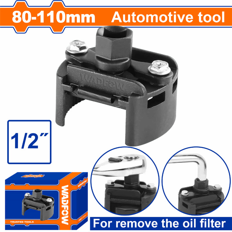 Llave de Filtro de Aceite Ajustable 80-110mm Adaptado a llave de 1/2" Acero al Carbono. Mordaza Dentada.