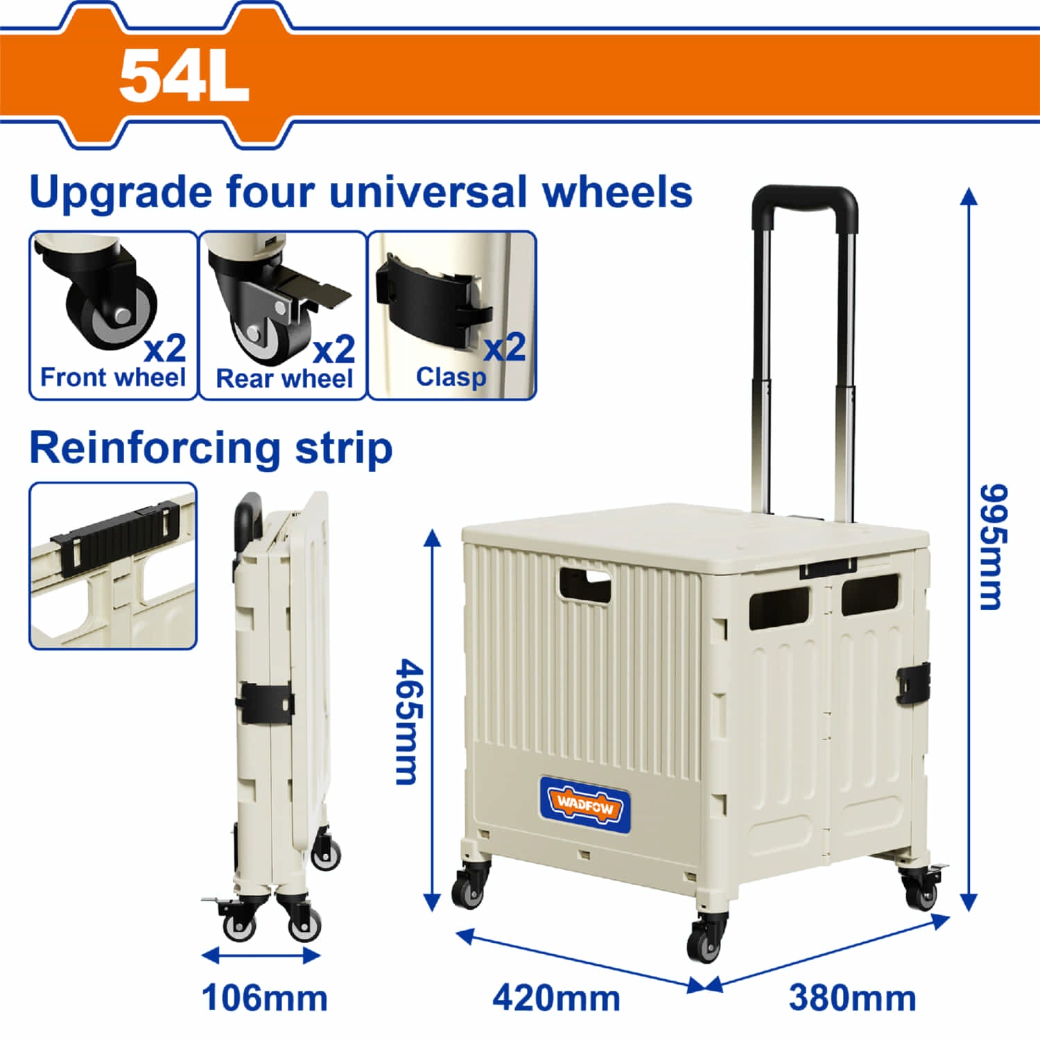 Carrito Plegable de Compras 54L con 4 Ruedas Giratorias Plástico 42x38x99.5cm Plegado 42x10.6x46.5cm Color Beige. Carrito Todo Terreno.